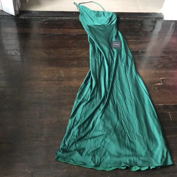 Ieena for Mac Duggal one shoulder satin gown emerald green festive party 6 NWT - Picture 5 of 9